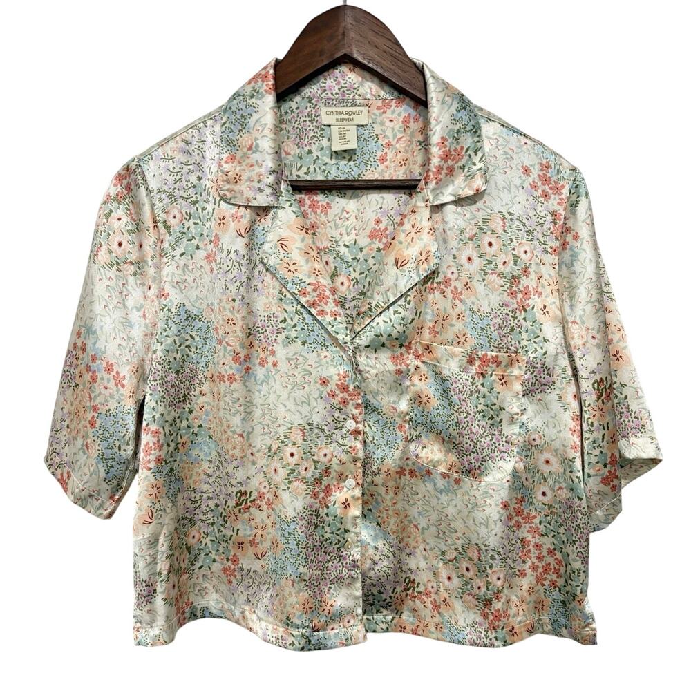 Cynthia Rowley Womens M Floral Satin Pajama Set Button Top Shorts Sleepwear - Picture 2 of 11